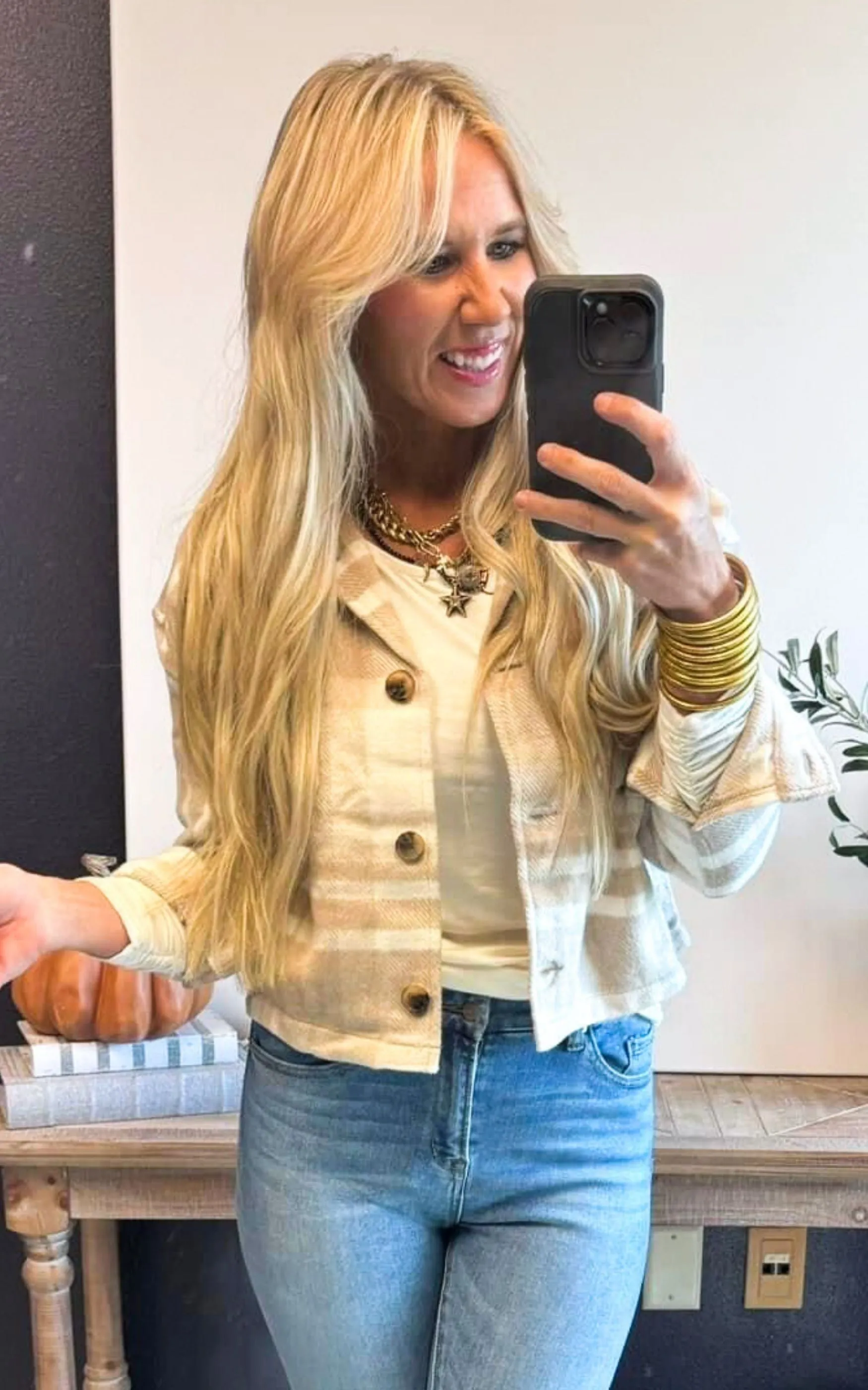 Beige Classic Plaid Cropped Shacket - Final Sale