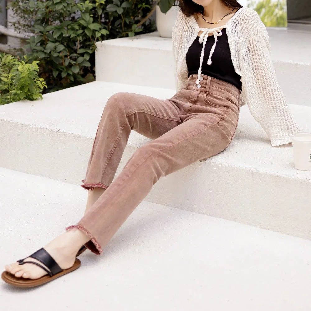 Casual Washed High Waist Denim Long Straight Pants