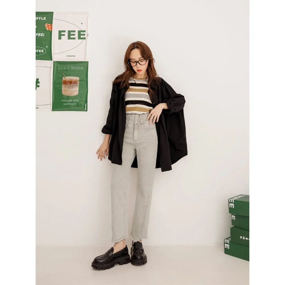 Casual Washed High Waist Denim Long Straight Pants
