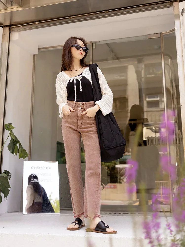 Casual Washed High Waist Denim Long Straight Pants