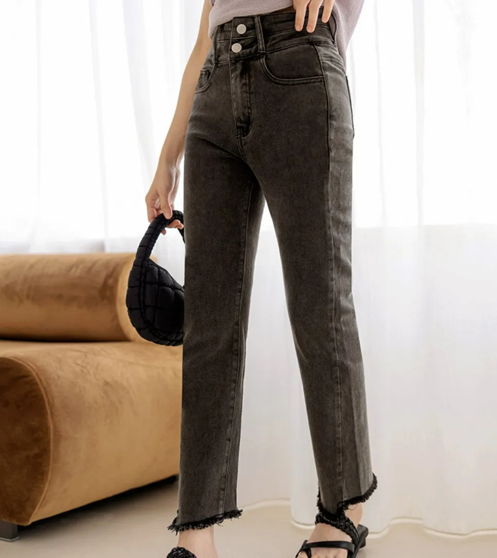 Casual Washed High Waist Denim Long Straight Pants