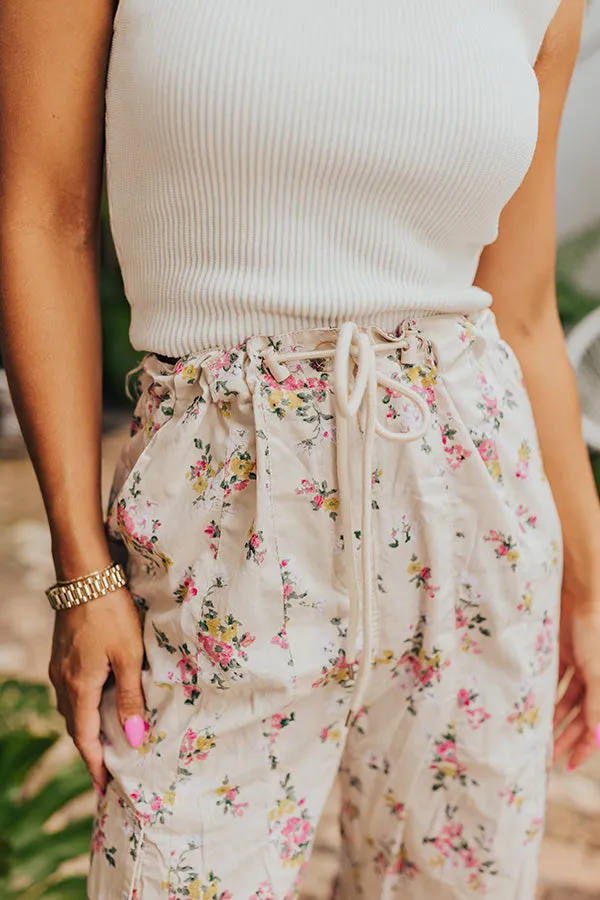 Free Spirit High Waist Floral Cargo Pants in Light Beige