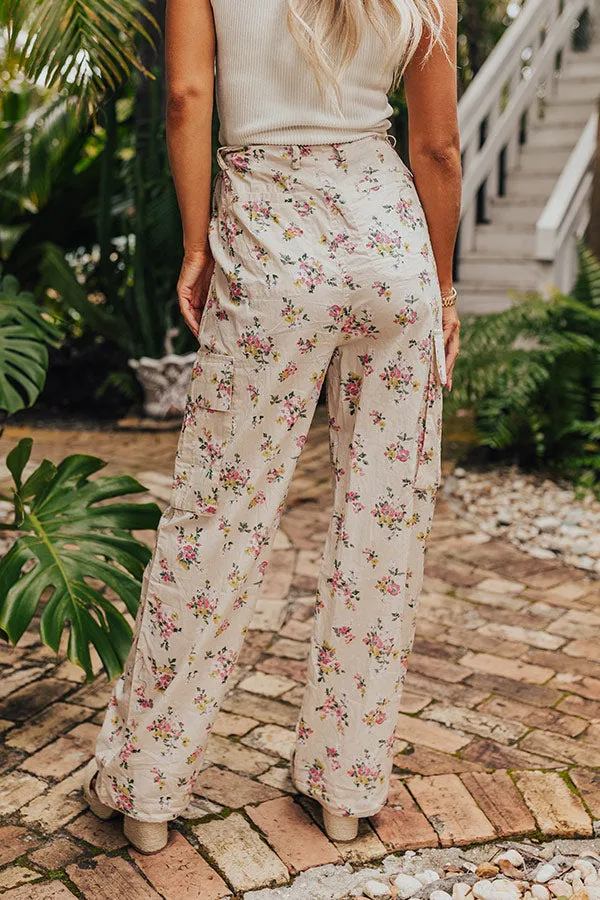 Free Spirit High Waist Floral Cargo Pants in Light Beige