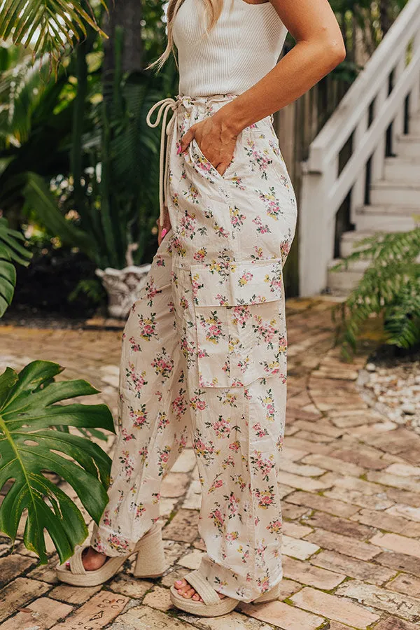 Free Spirit High Waist Floral Cargo Pants in Light Beige
