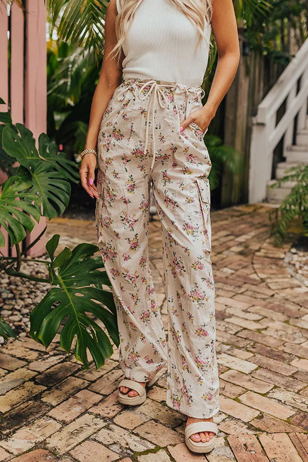 Free Spirit High Waist Floral Cargo Pants in Light Beige