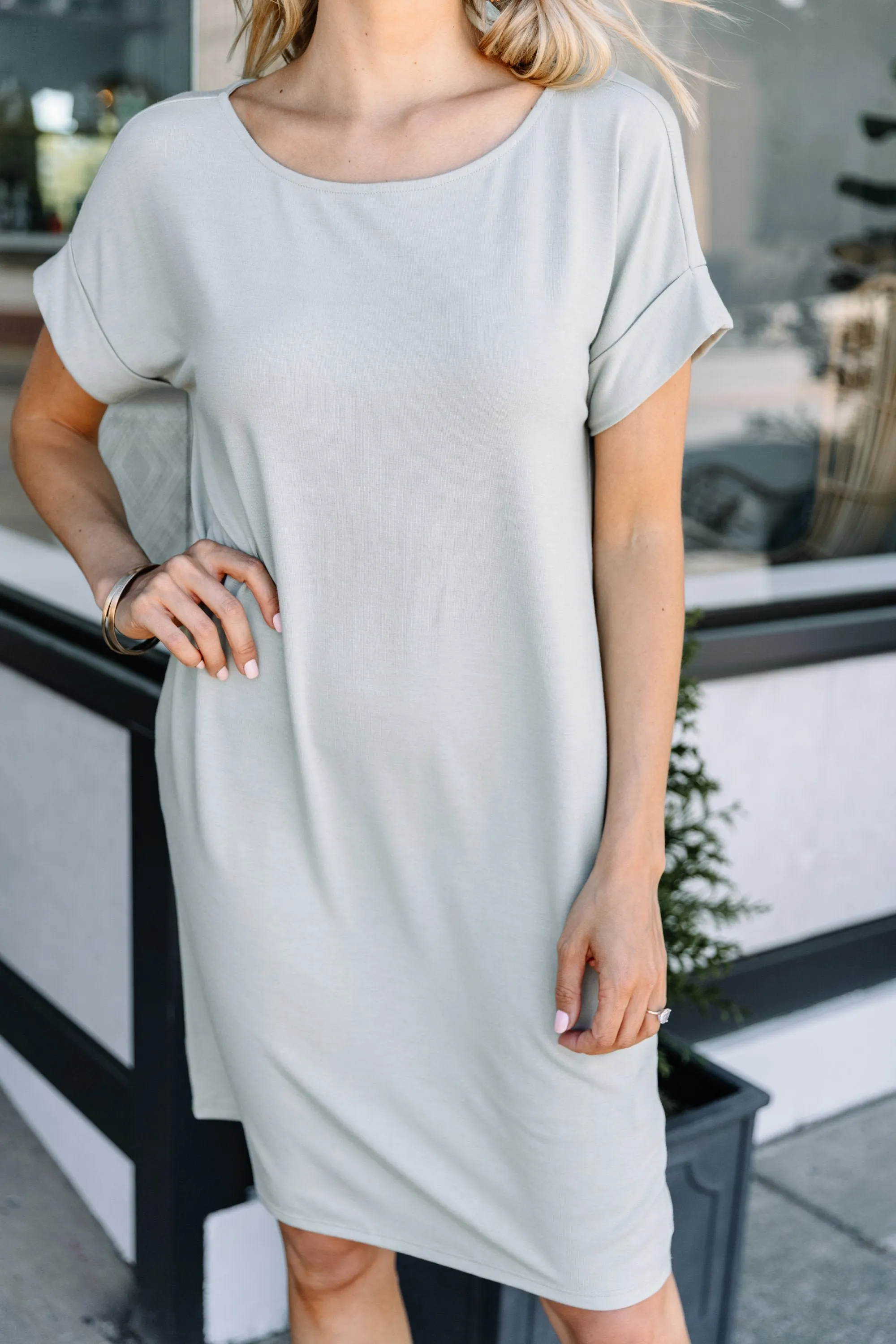 Get To Know Me Light Sage Green T-shirt Dress