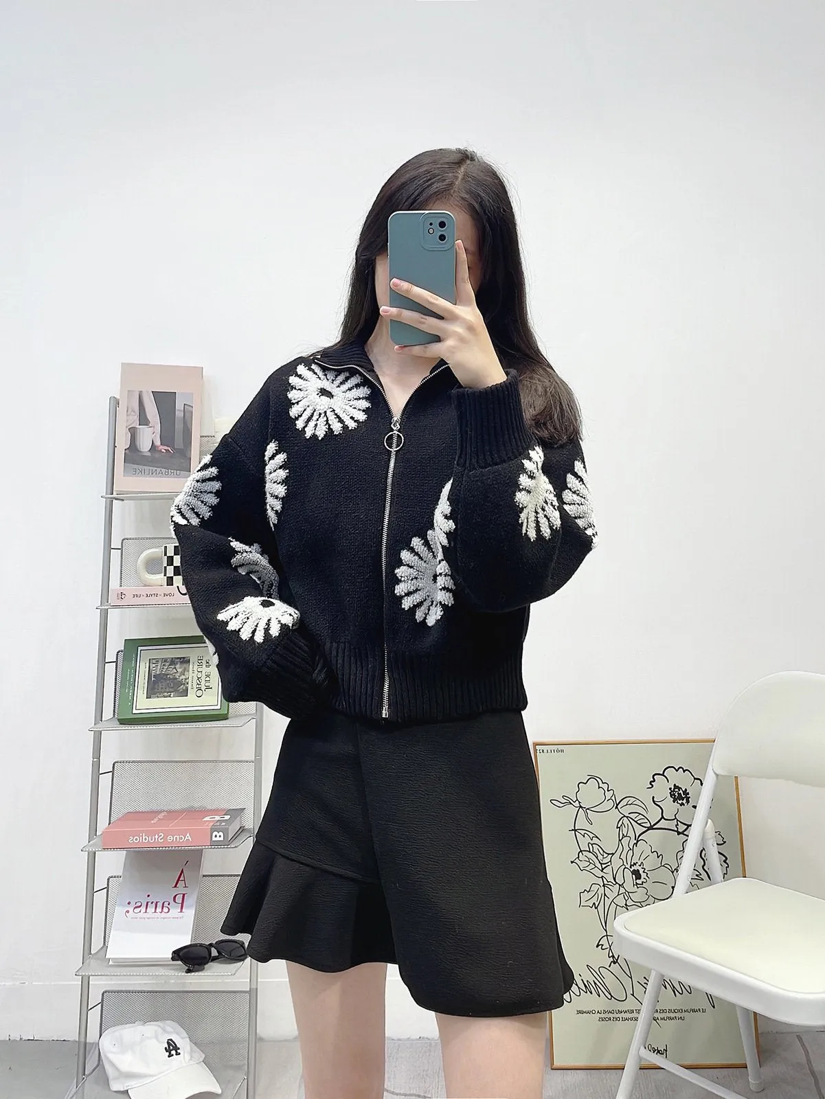 Jacquard Turtleneck Knitted Cardigan