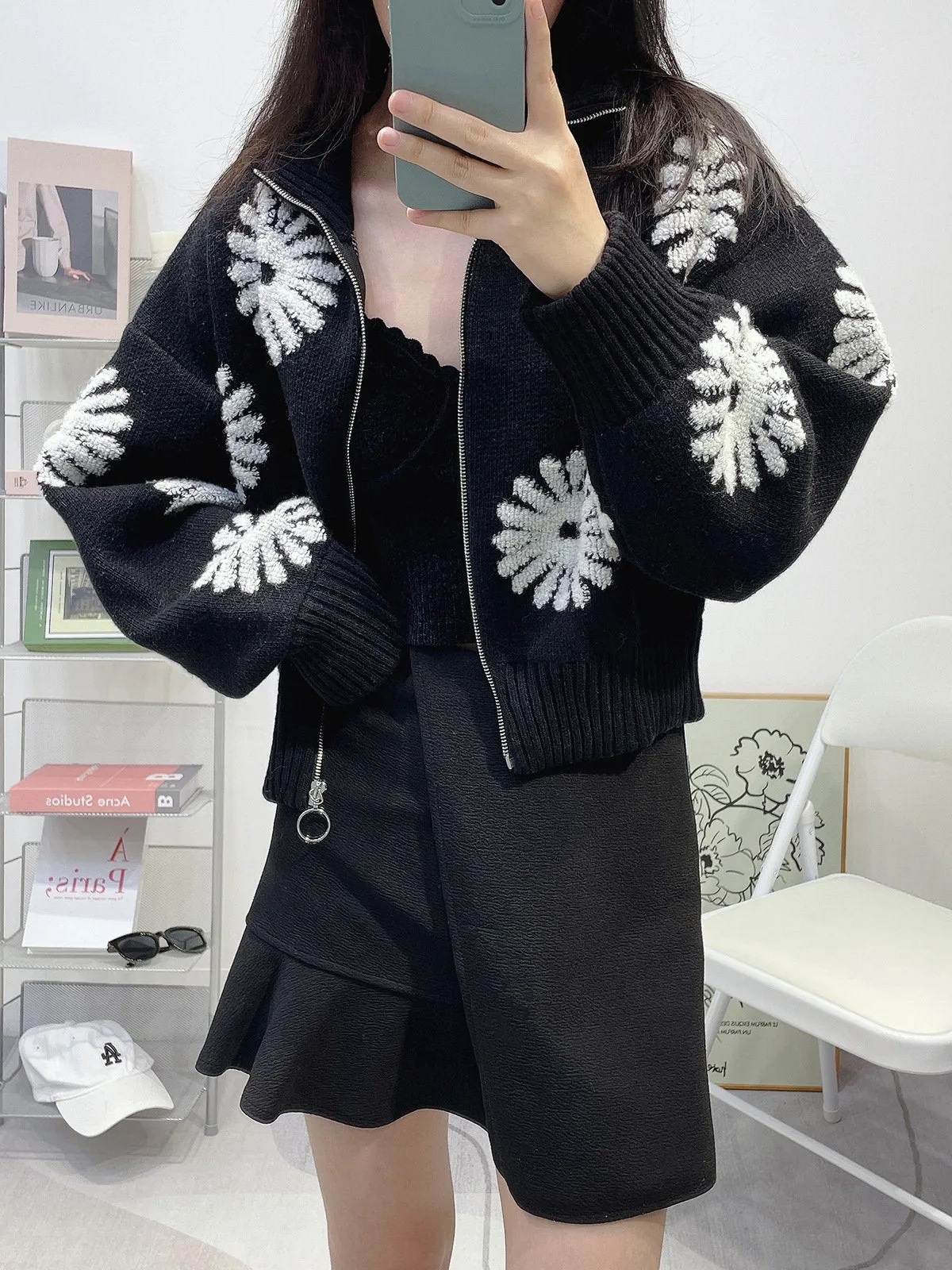 Jacquard Turtleneck Knitted Cardigan
