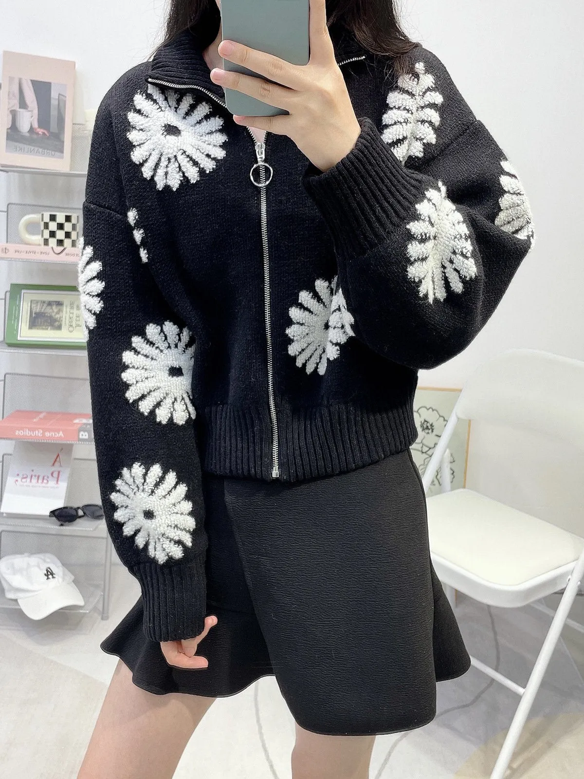 Jacquard Turtleneck Knitted Cardigan