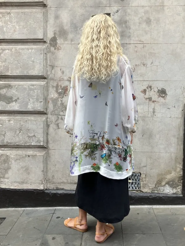 Jiva Silk Chiffon Kimono Jacket - Ivory w/ Butterflies and Flowers