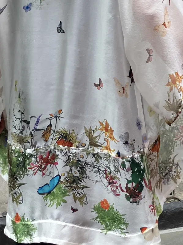 Jiva Silk Chiffon Kimono Jacket - Ivory w/ Butterflies and Flowers