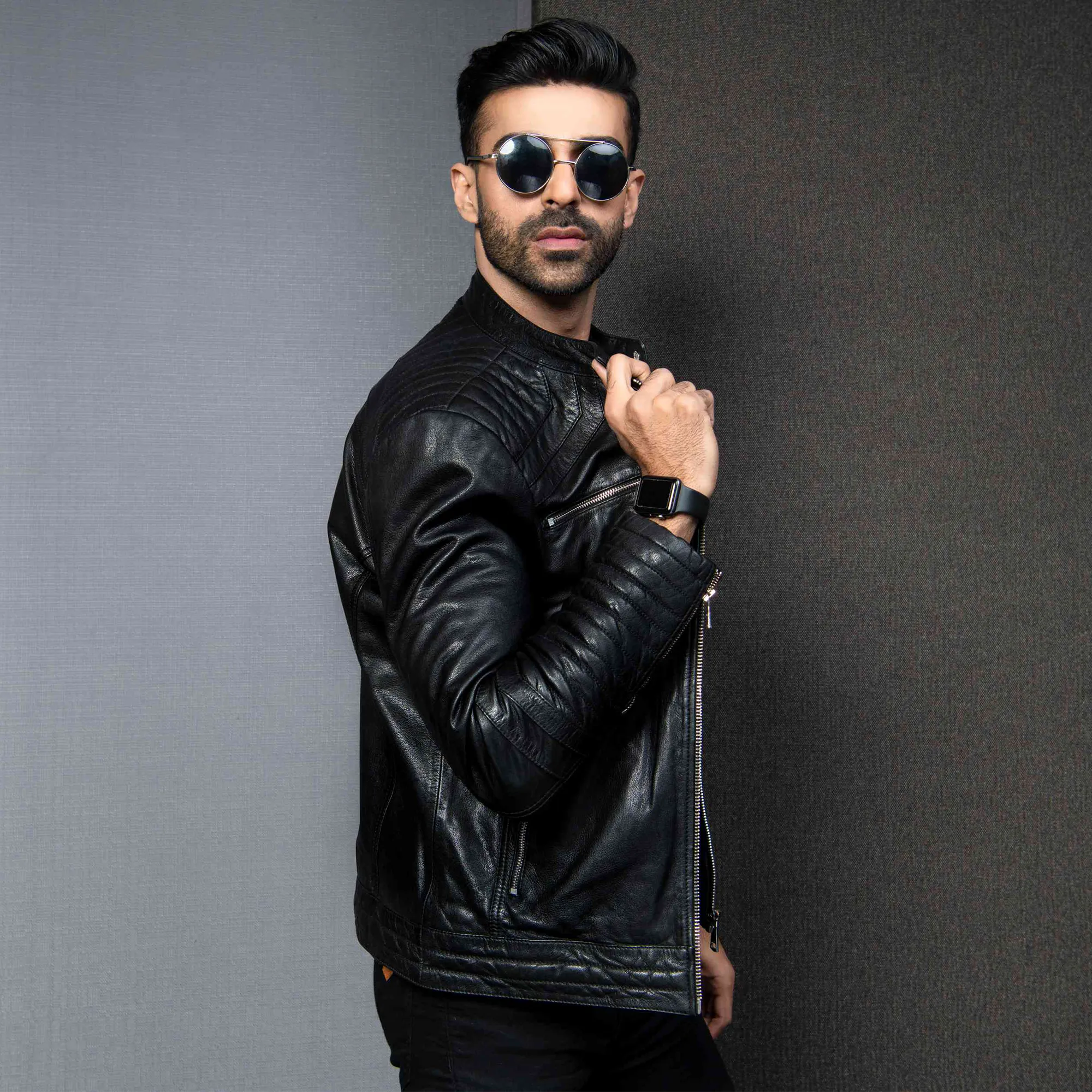 Kaptan Biker Style Leather Jacket - Black