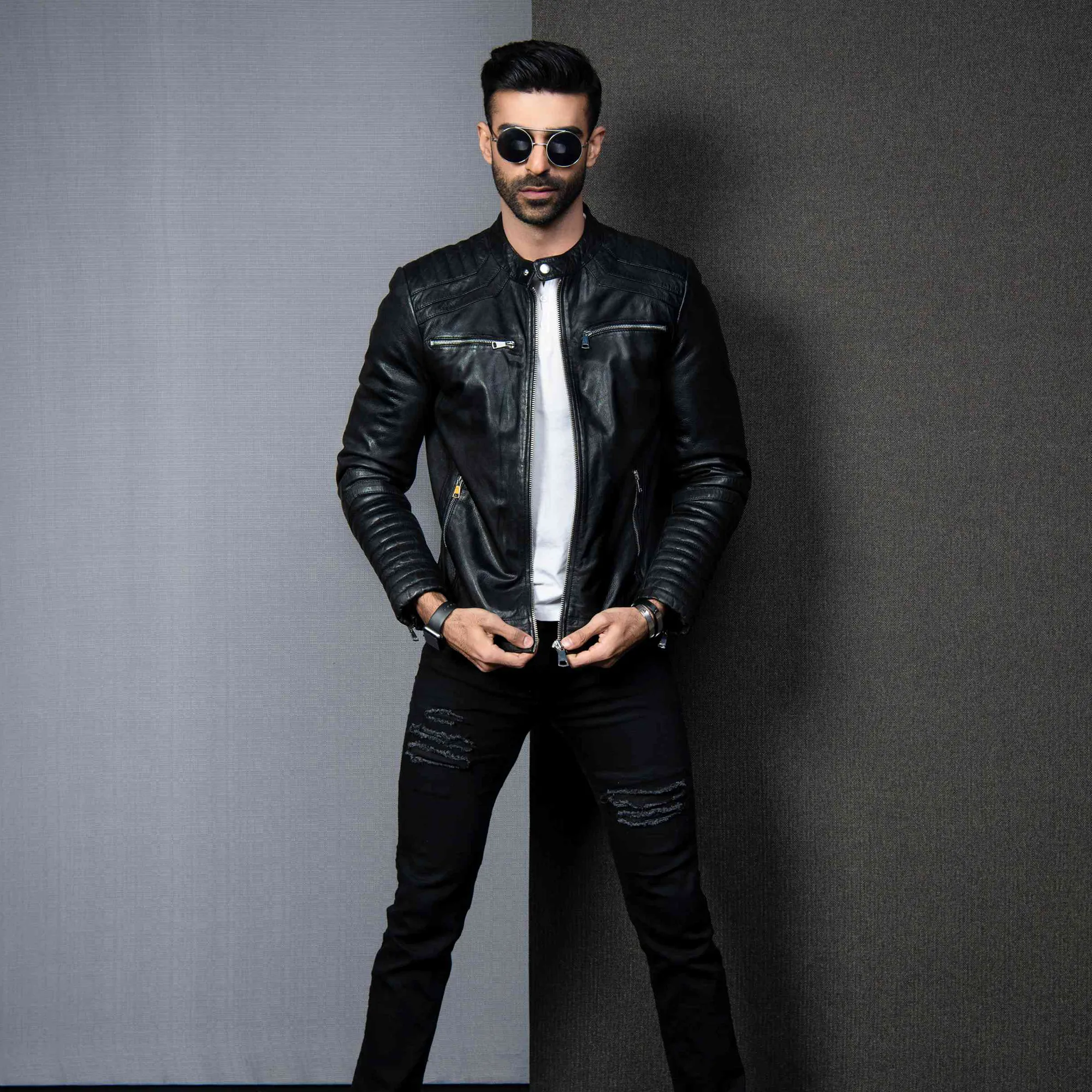 Kaptan Biker Style Leather Jacket - Black