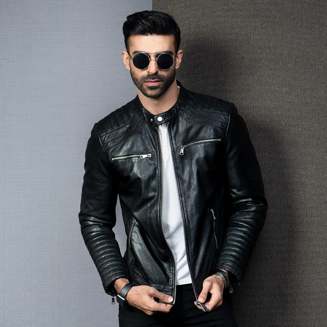 Kaptan Biker Style Leather Jacket - Black