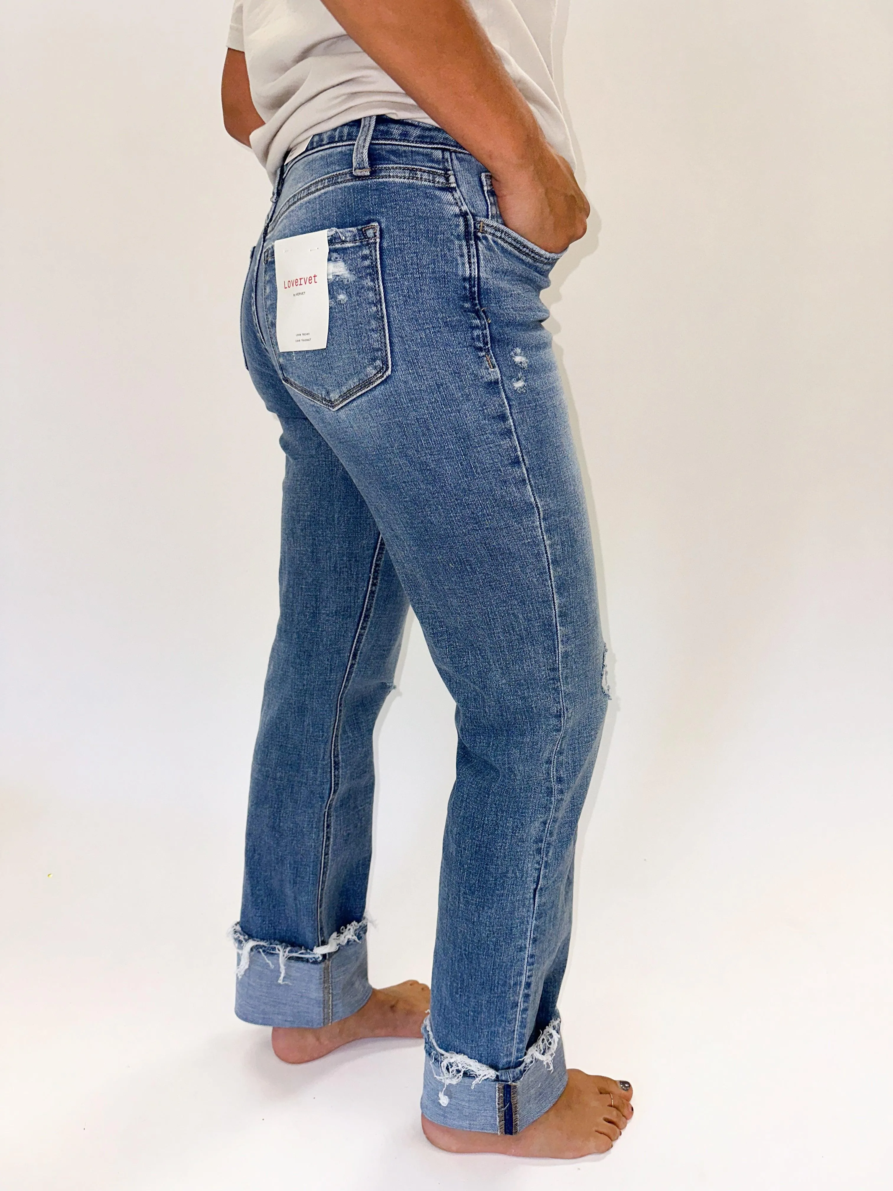 LOVERVET: Mid Rise Cuffed Straight Jeans