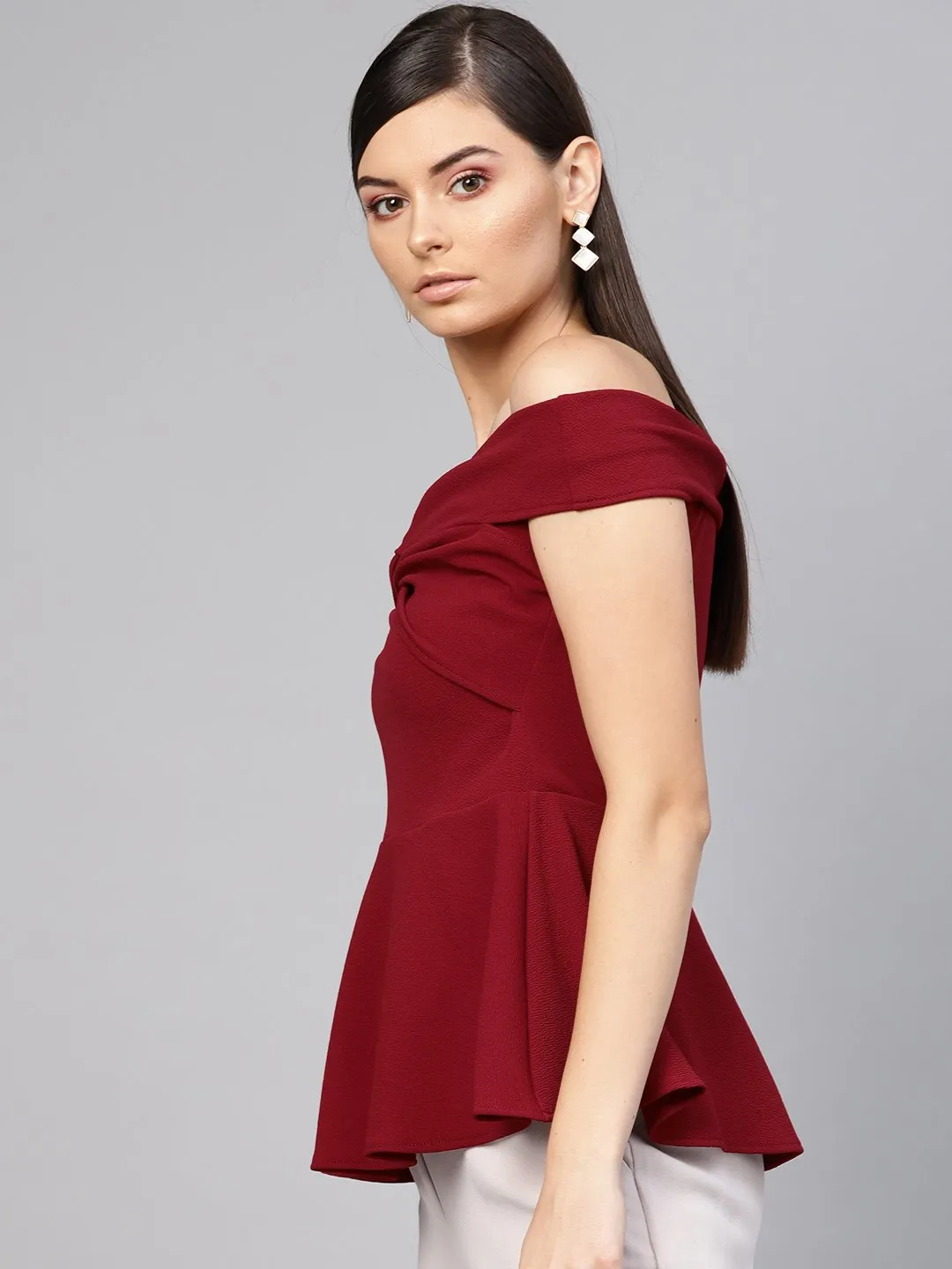 Maroon Bardot Peplum Top