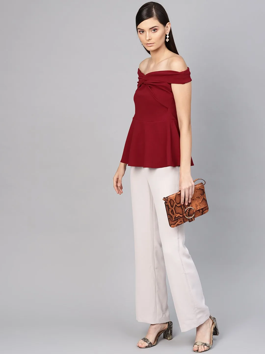 Maroon Bardot Peplum Top