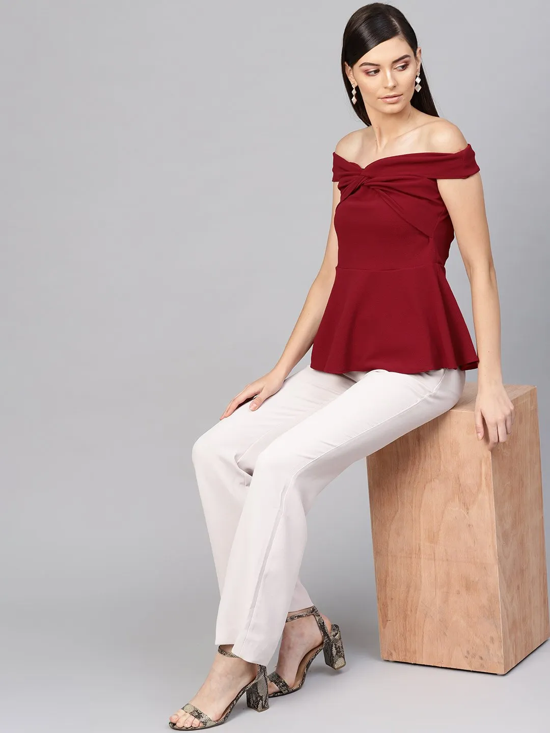 Maroon Bardot Peplum Top