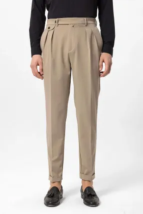 Men's Beige Pleated High-Waisted  Pants - Wessi