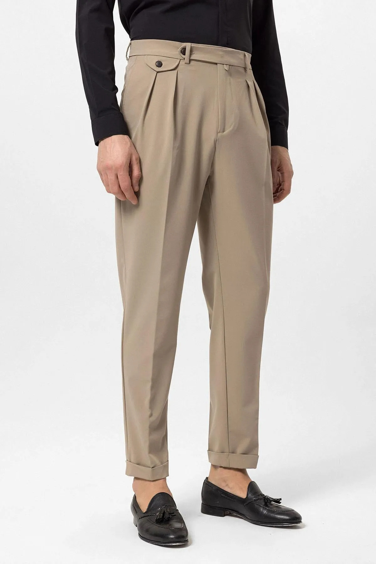 Men's Beige Pleated High-Waisted  Pants - Wessi