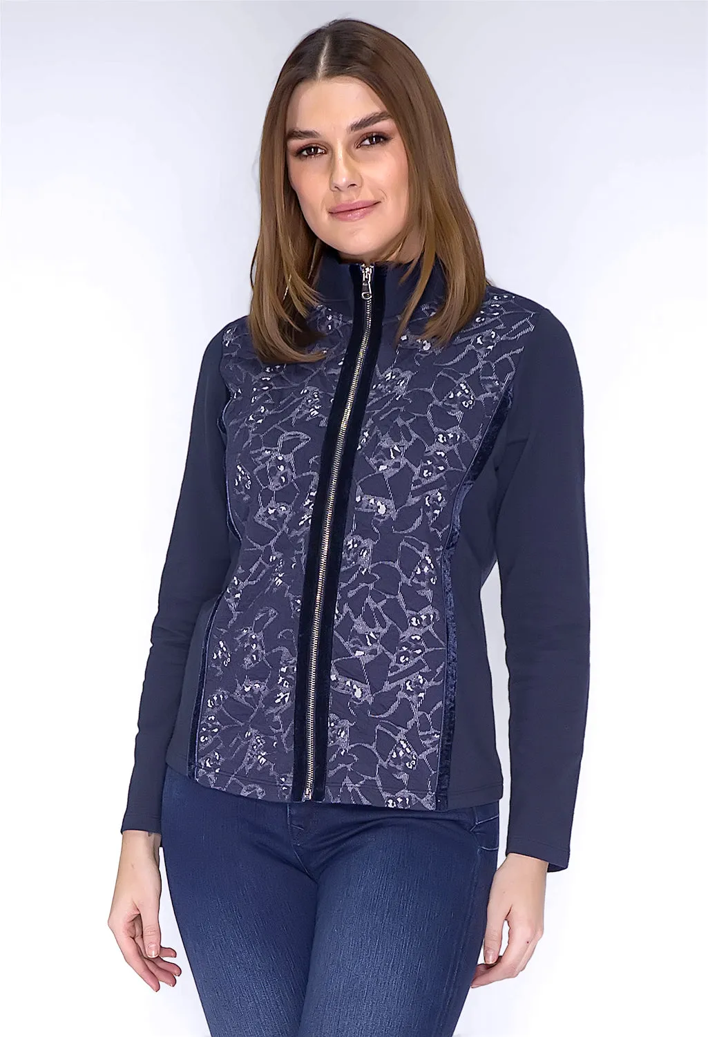 Navy Printed Cardigan with Velvet Details
