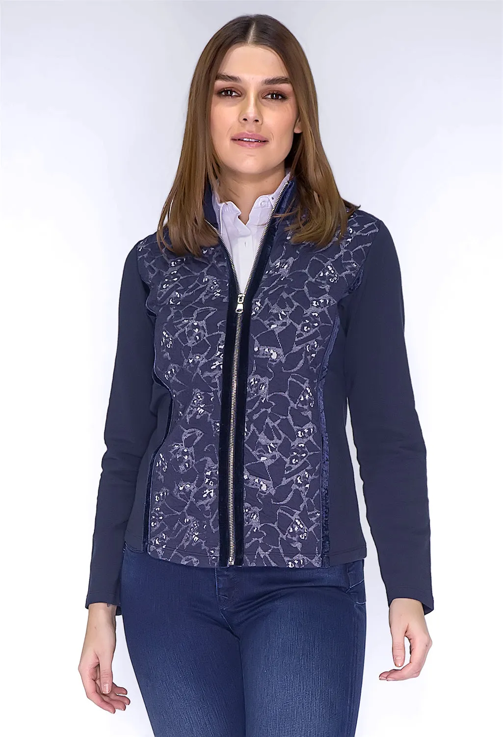 Navy Printed Cardigan with Velvet Details