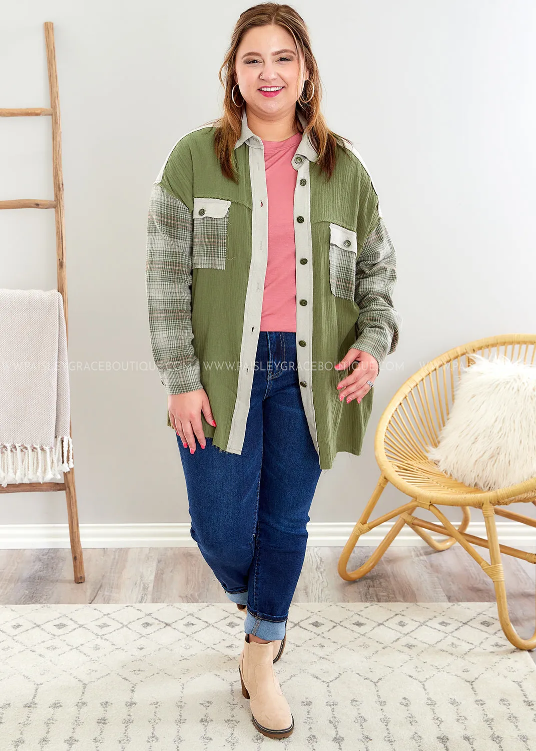 No More Waiting Shacket - Olive - FINAL SALE