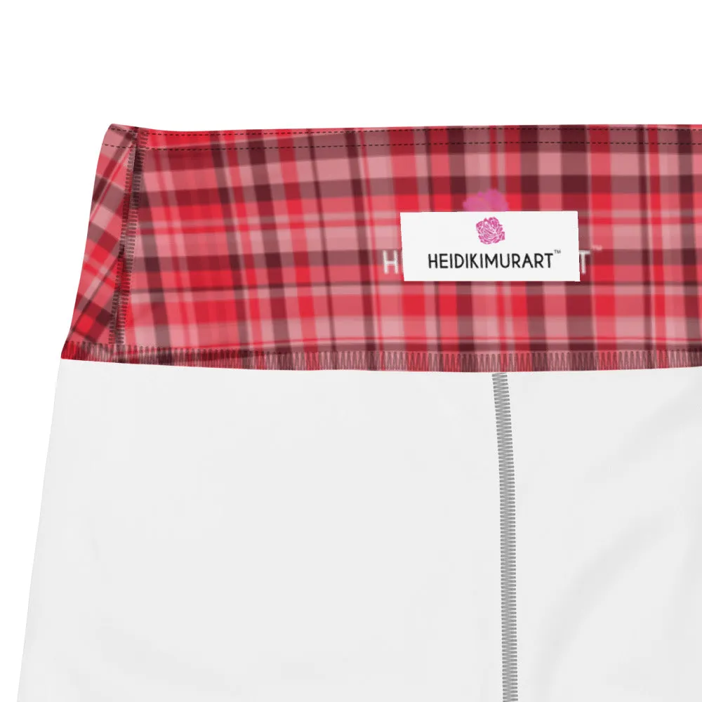 Red White Plaid Yoga Leggings, Scottish Style Tartan Printed Long Women's Yoga Pants-Made in USA/EU