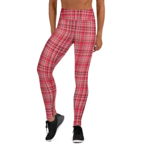 Red White Plaid Yoga Leggings, Scottish Style Tartan Printed Long Women's Yoga Pants-Made in USA/EU
