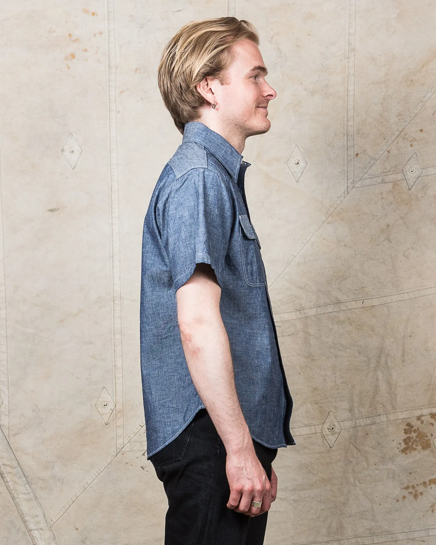 Sugar Cane & Co. Short Sleeve Blue Chambray Work Shirt SC37941