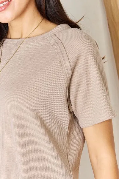 Women's Zenana Baby Waffle Short Sleeve Slit High-Low T-Shirt
